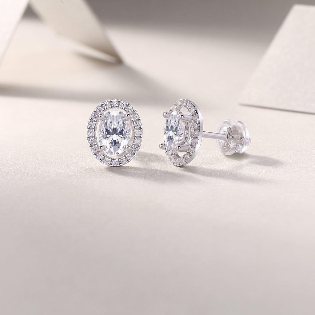 Phantom Night Oval Moissanite Stud Earrings in Platinum-Plated S925 Sterling Silver