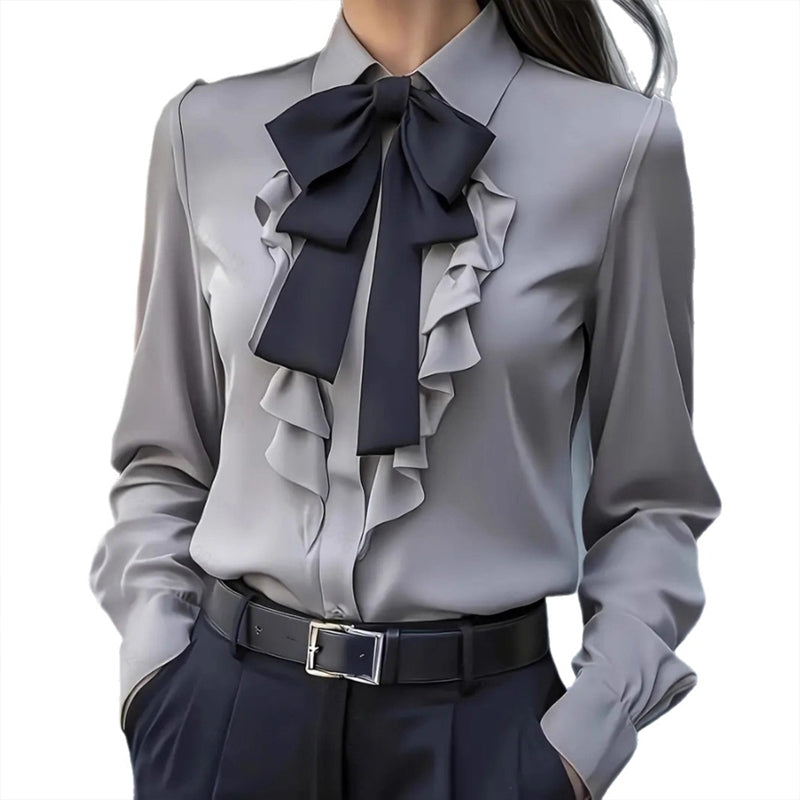 Women's Ruffle Trim Blouse with Bow Tie - Long Sleeve Office Shirt