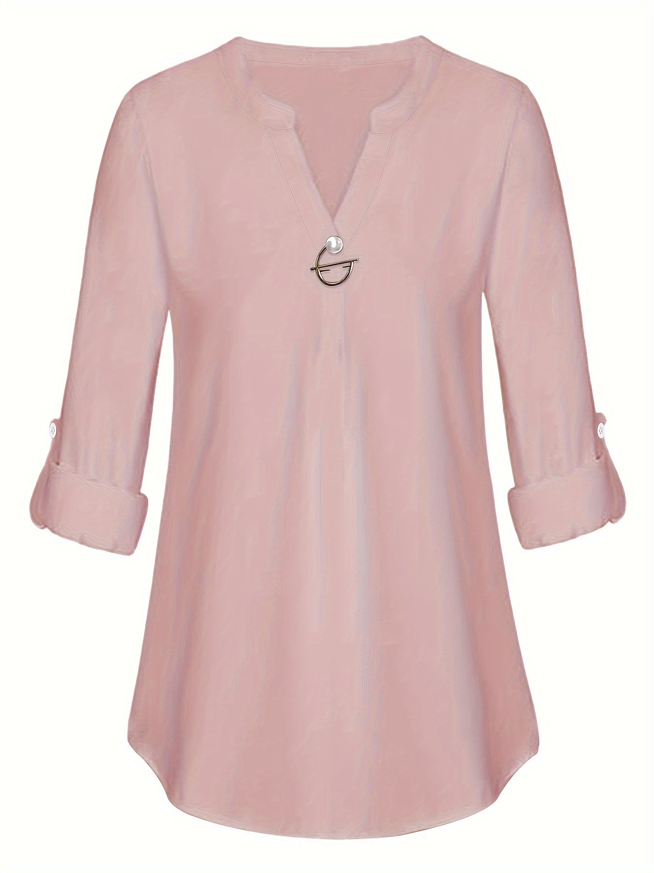 Women's V-Neck Pearl Button Shirt - Long Sleeve Casual Blouse