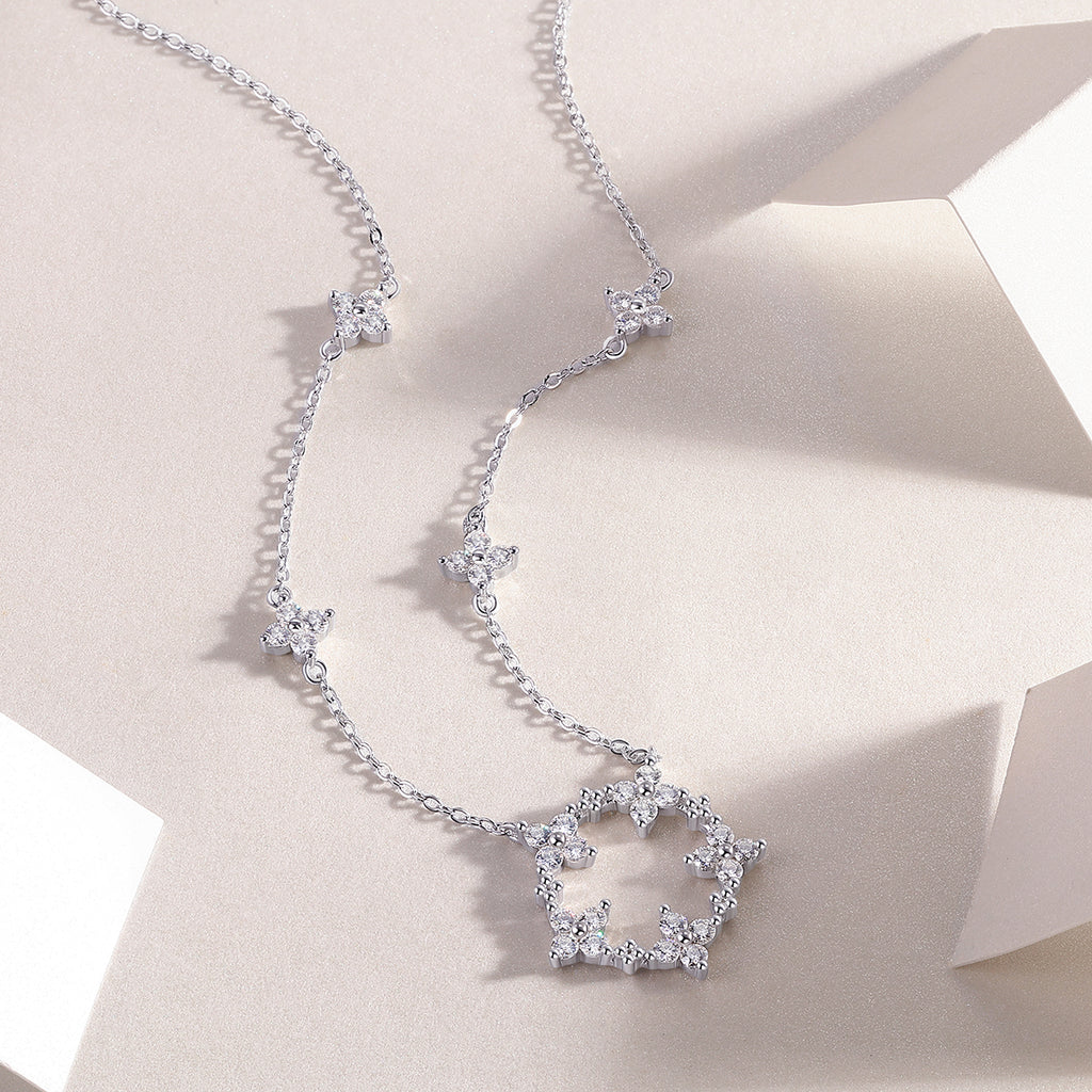 Moissanite Iris Flower Sterling Silver Necklace