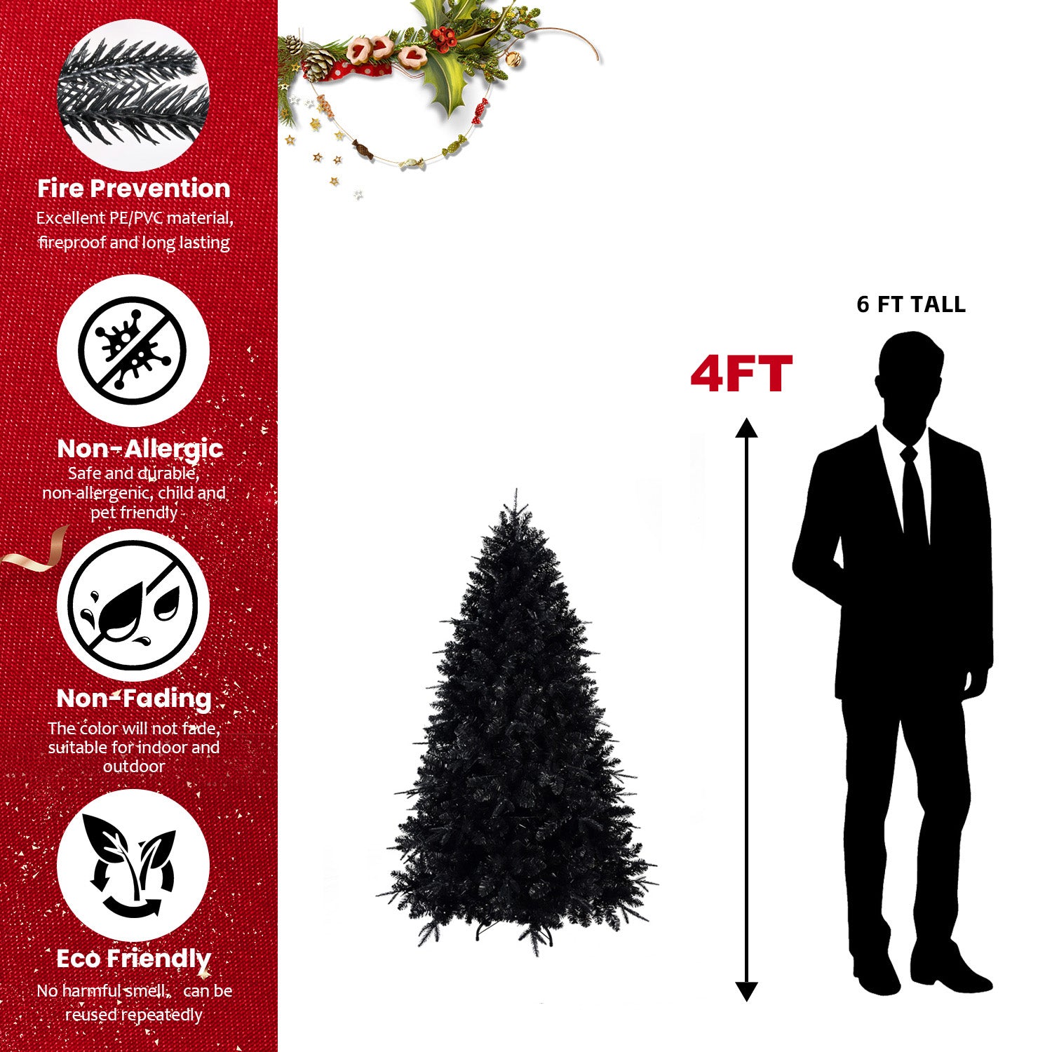 Pre-Lit Black Christmas Tree with White LED Lights - Halloween & Holiday Decor
