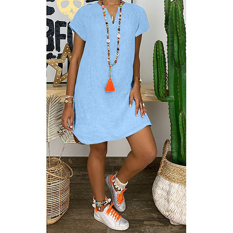 Women's V-Neck Boho Sundress - Short Sleeve Casual Summer Dress