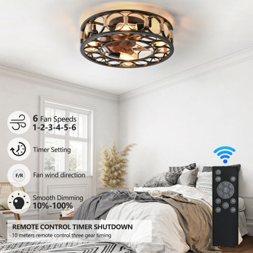 Farmhouse Cage Ceiling Fan with LED Light & Remote - Low Profile