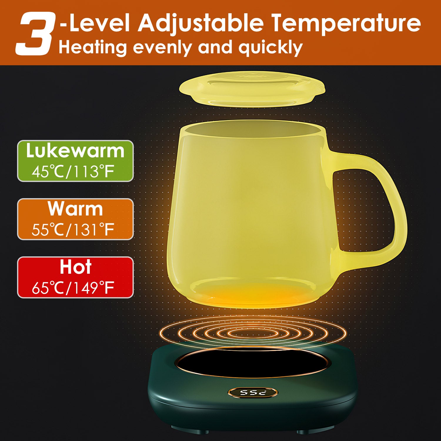 Electric Coffee Mug Warmer with Auto Shut-Off - USB, 3 Temperature Settings