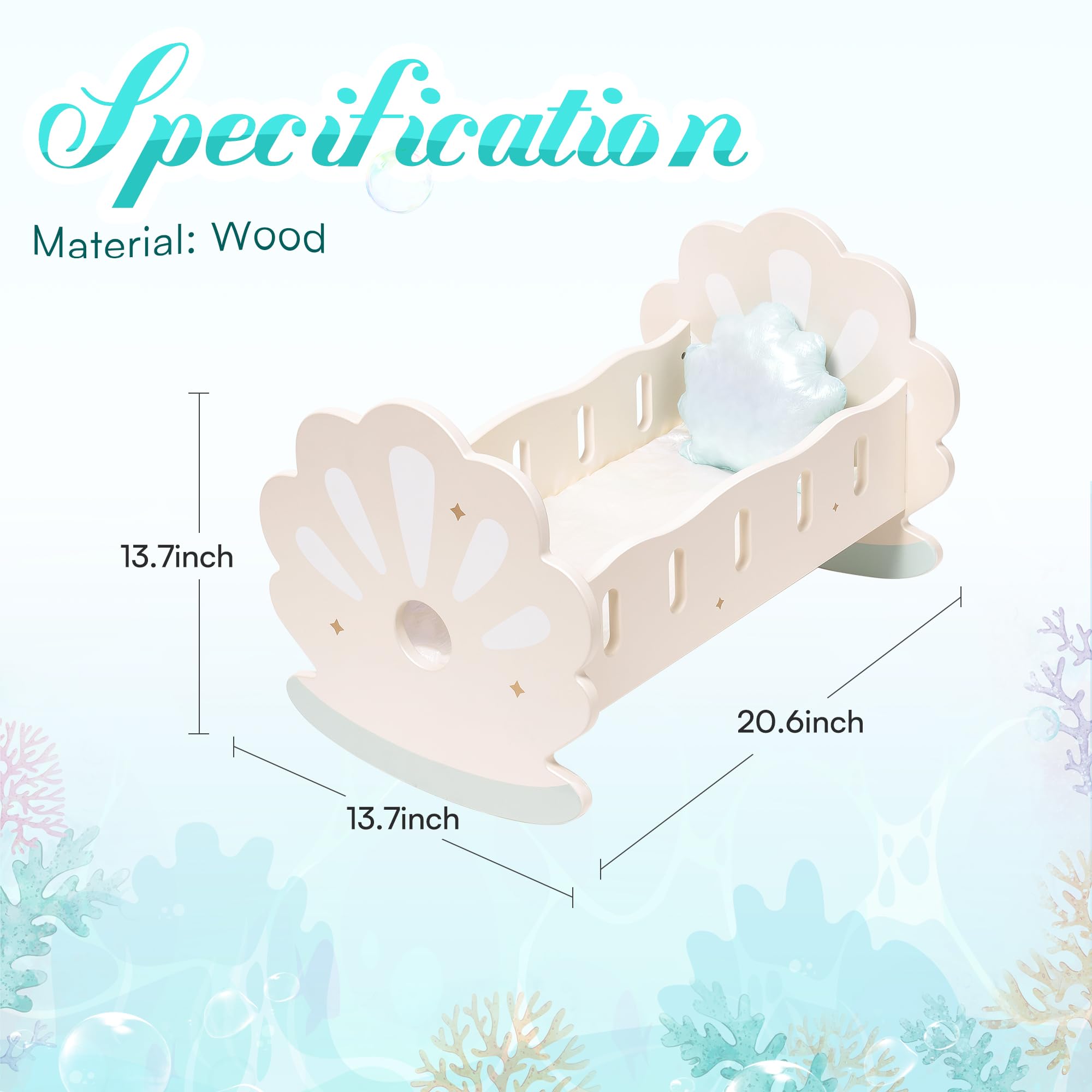 Wooden Doll Rocking Cradle with Bedding for 18" Dolls - Seashell
