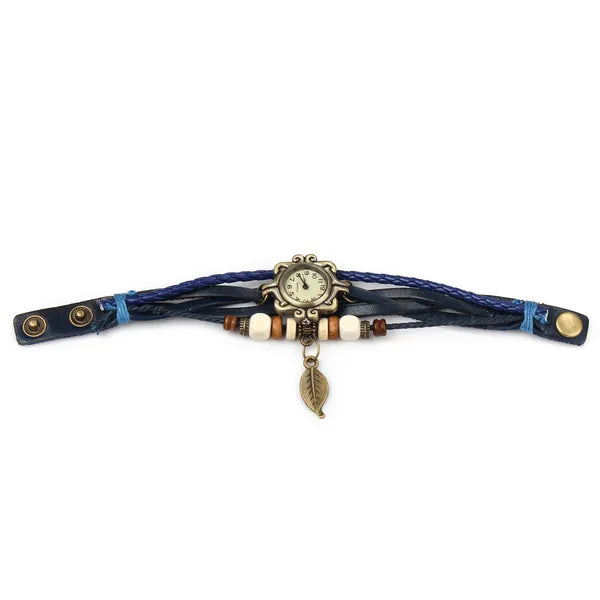 Bohemian Leaf Bracelet Watch - Handwoven Leather Band