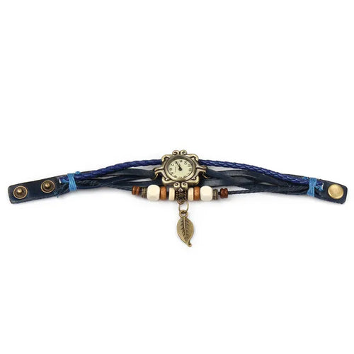 Bohemian Leaf Bracelet Watch - Handwoven Leather Band