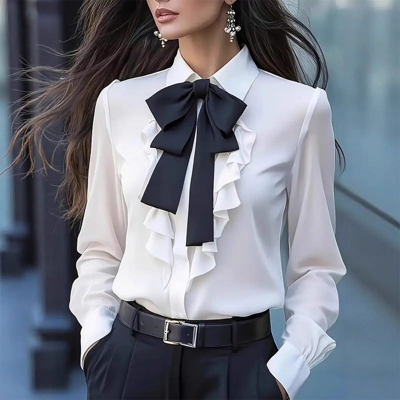 Women's Ruffle Trim Blouse with Bow Tie - Long Sleeve Office Shirt