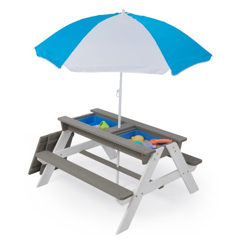 3-in-1 Kids Wooden Picnic Table with Umbrella - Sand & Water Play