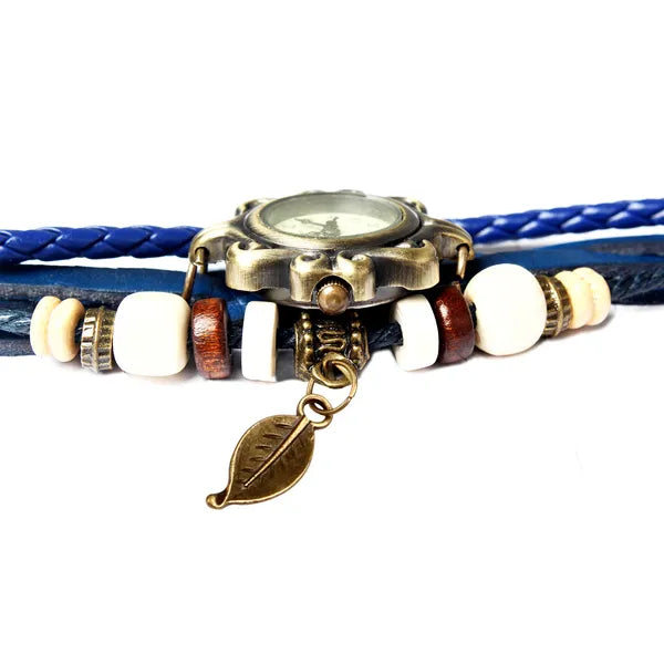 Bohemian Leaf Bracelet Watch - Handwoven Leather Band