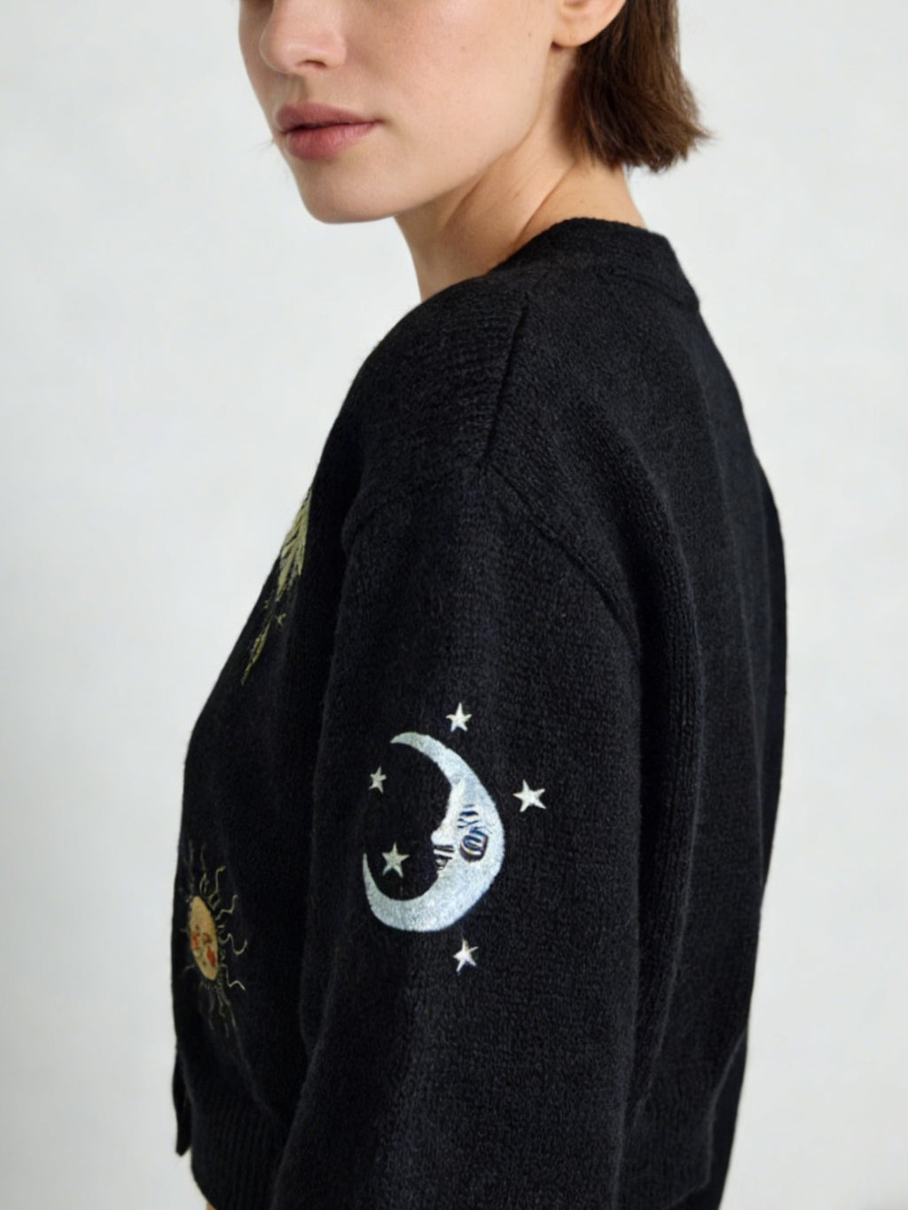 Women's Sun & Moon Embroidered Cardigan - Boho Knit Sweater with Lantern Sleeves