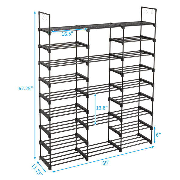 9-Tier Shoe Rack Organizer - Holds 50 Pairs with Hooks for Closet & Entryway