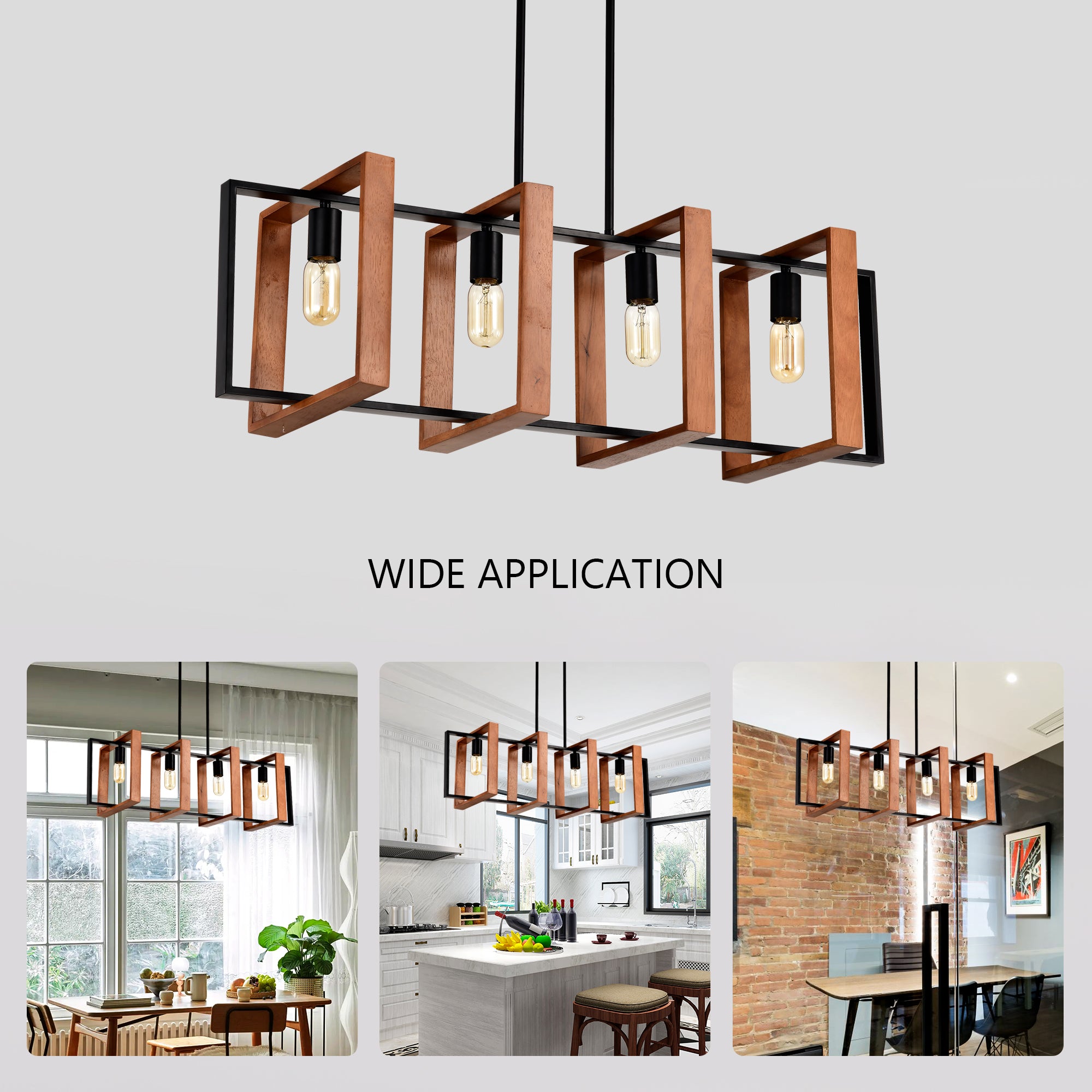 Rustic Farmhouse Chandelier - 4-Light Wood & Black Metal Pendant (36")