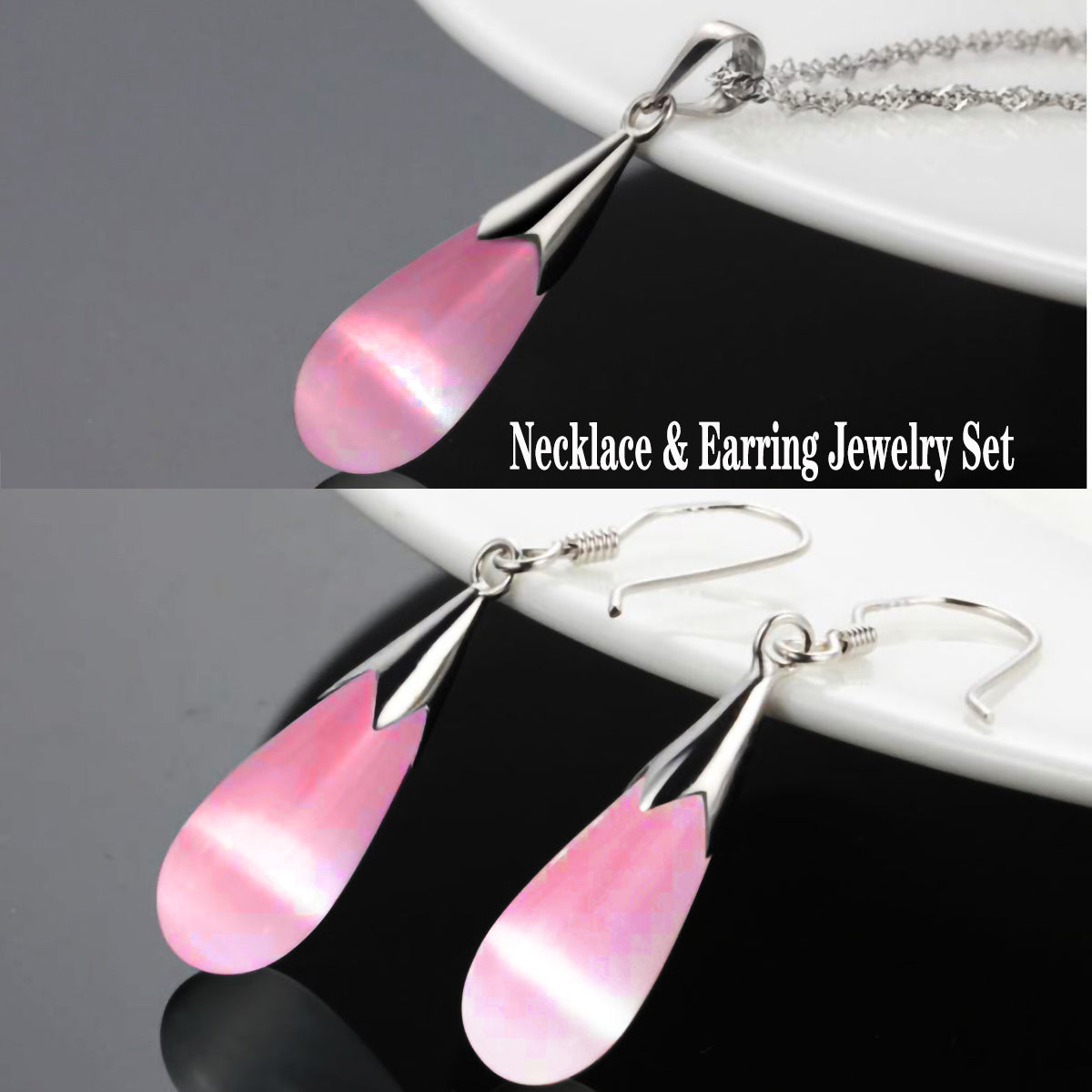 Moonstone Jewelry Set - 14K White Gold Plated Necklace & Earrings