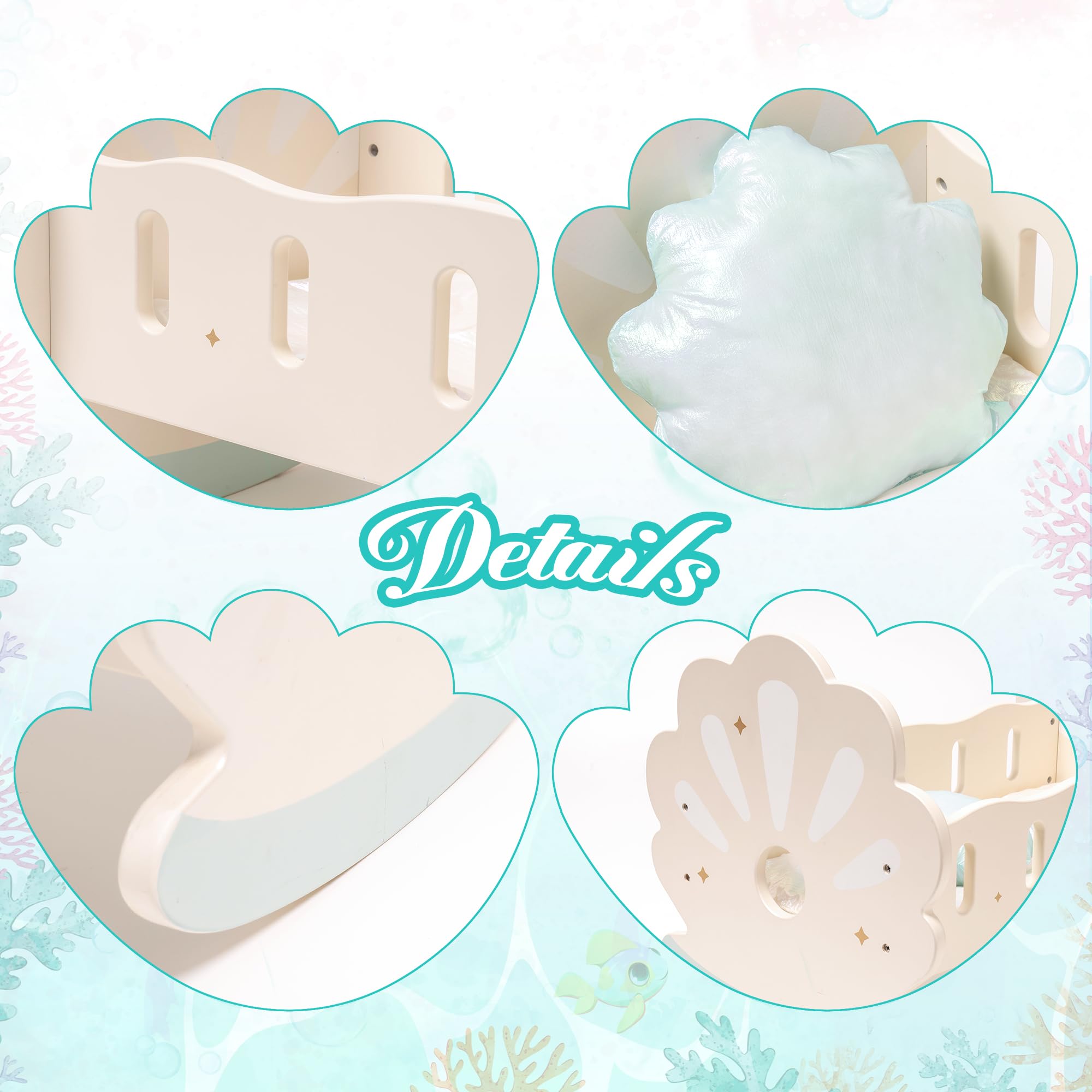Wooden Doll Rocking Cradle with Bedding for 18" Dolls - Seashell