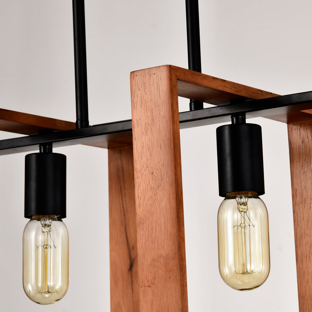 Rustic Farmhouse Chandelier - 4-Light Wood & Black Metal Pendant (36")