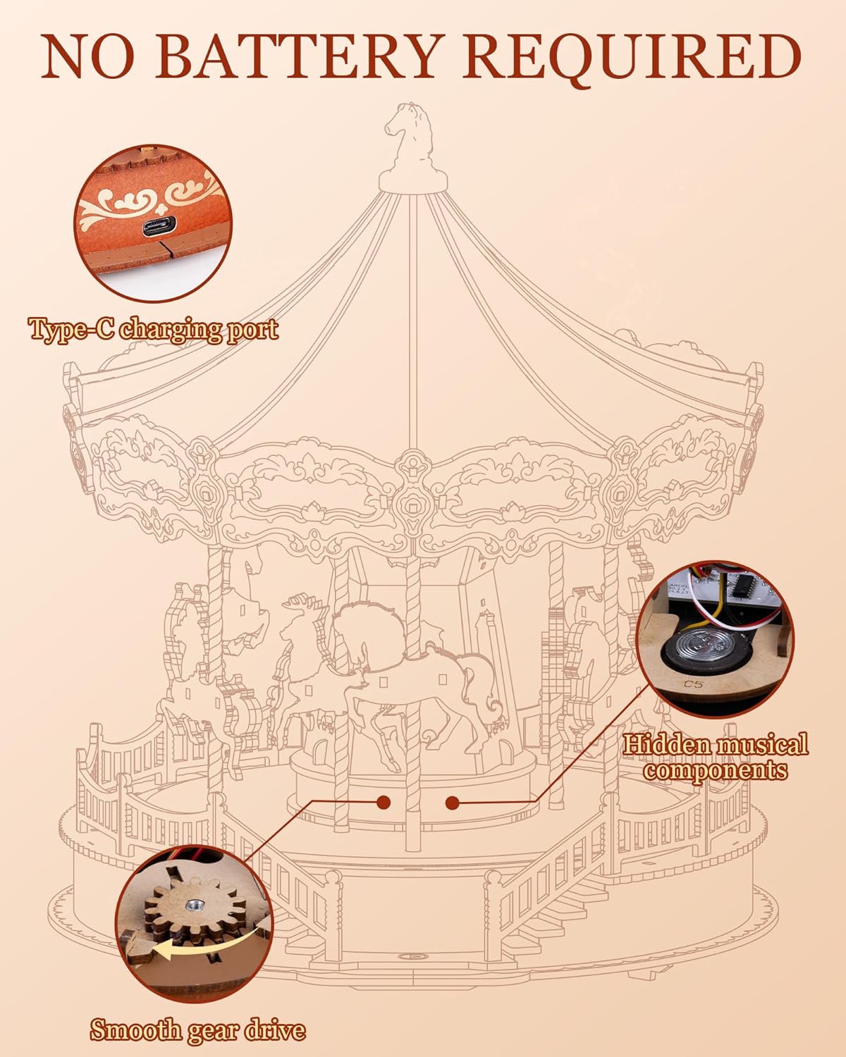 Robotime Classic Carousel Music Box 3D Wooden Puzzle with LED Lights - Mechanical Model Kit
