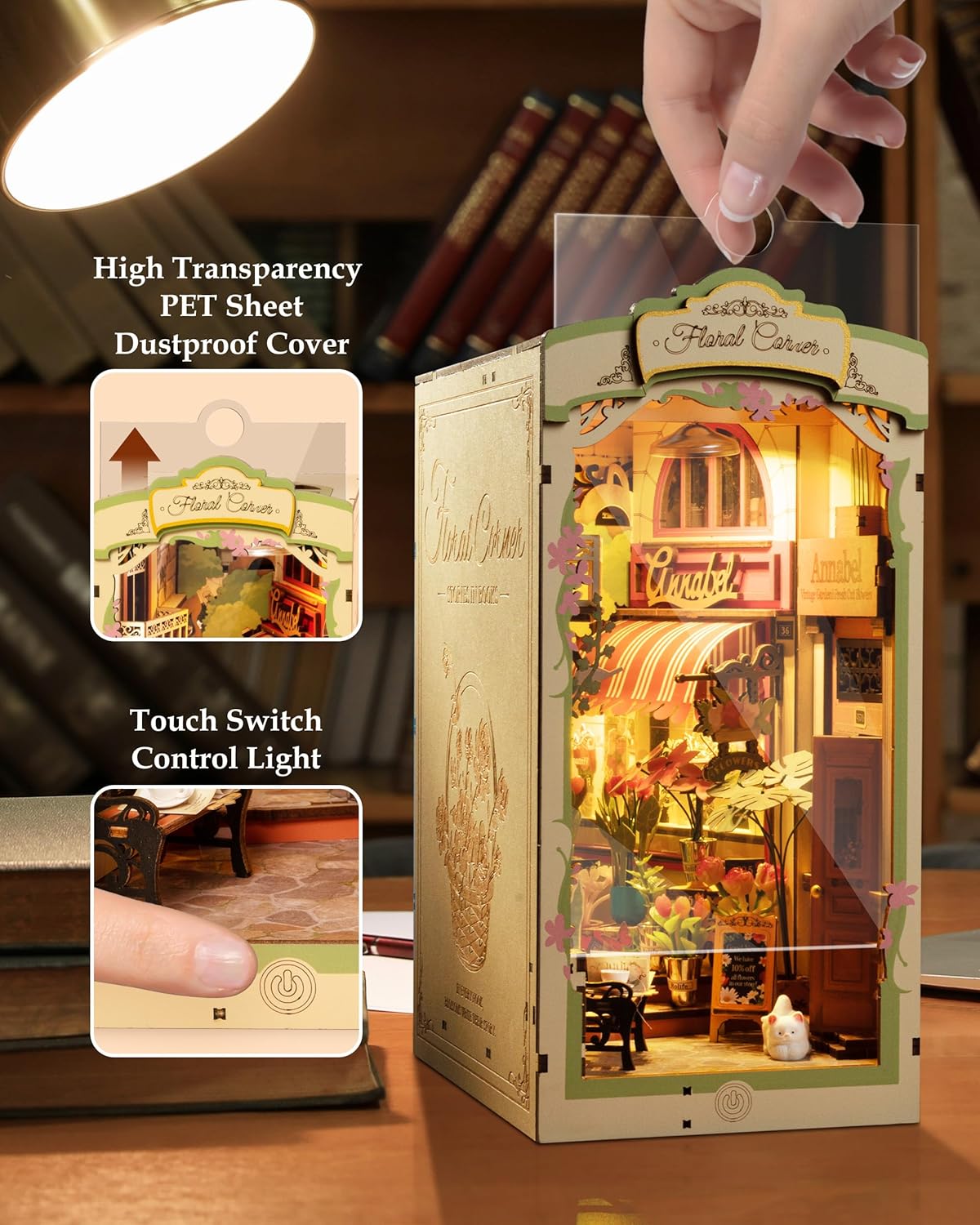 Rolife Floral Corner DIY Book Nook Shelf Insert Kit 3D Wooden Dollhouse