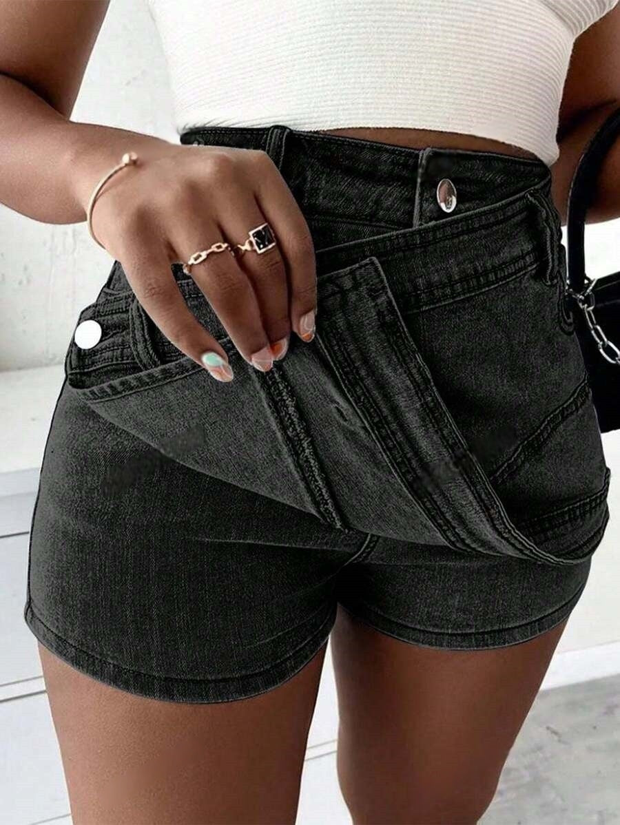 Grunge Denim Skort - Asymmetric Wrap Style with Stretchy Fit