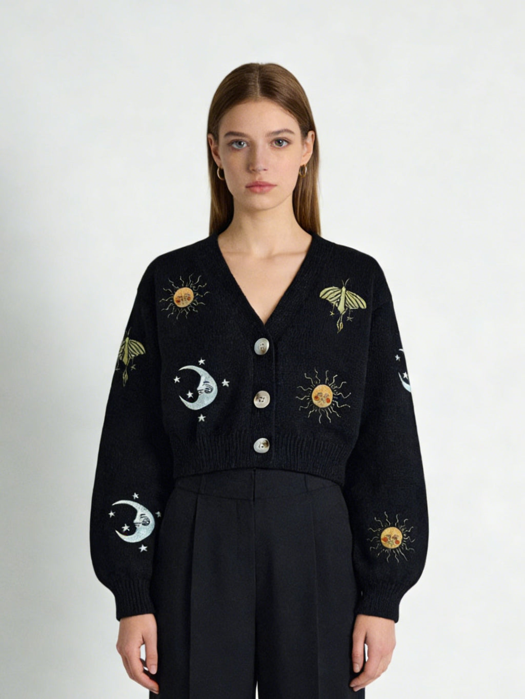 Women's Sun & Moon Embroidered Cardigan - Boho Knit Sweater with Lantern Sleeves