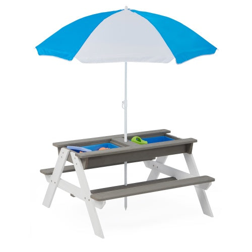 3-in-1 Kids Wooden Picnic Table with Umbrella - Sand & Water Play