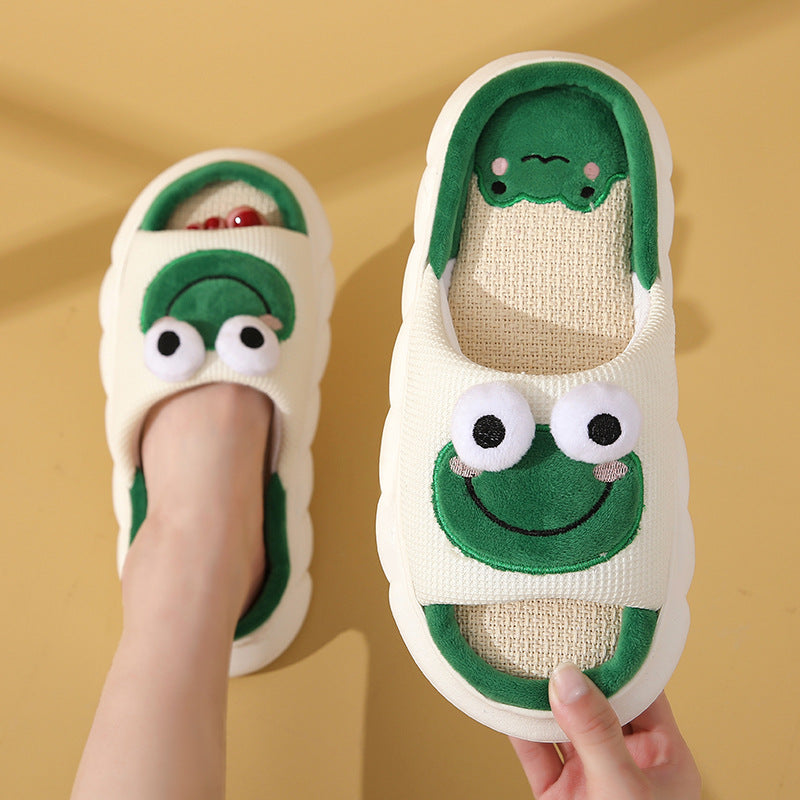 Cute Cartoon Cow Frog Slippers, Linen, Non-slip
