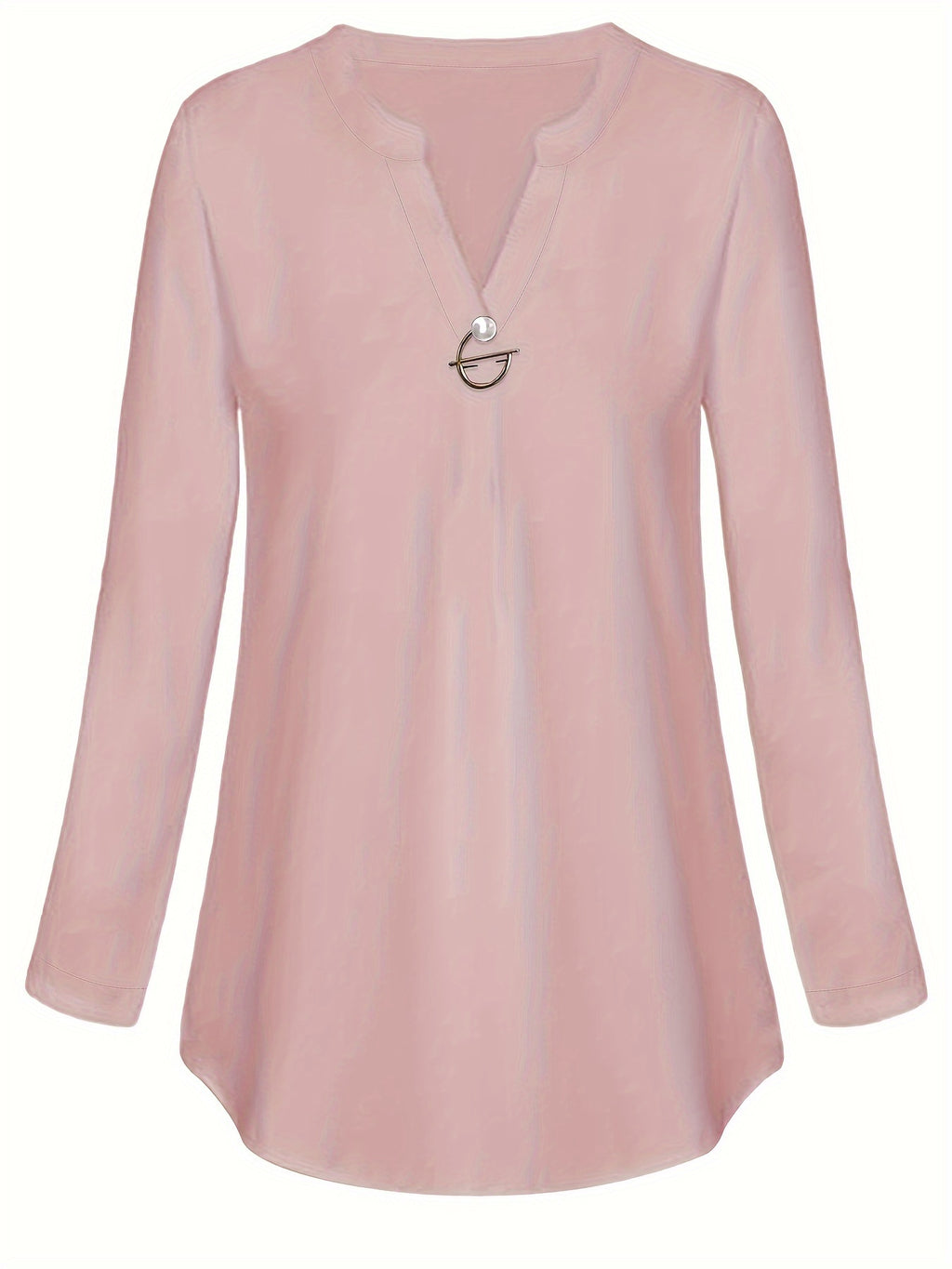 Women's V-Neck Pearl Button Shirt - Long Sleeve Casual Blouse