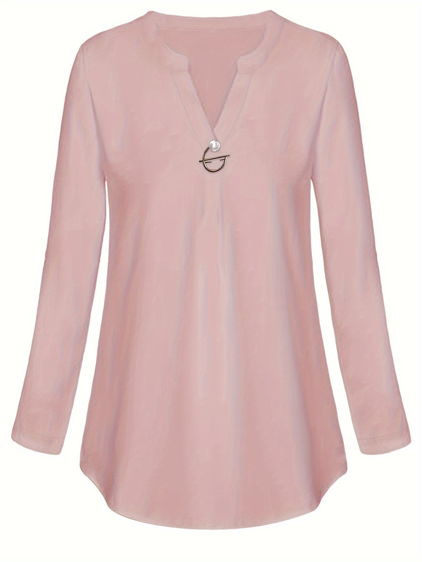 Women's V-Neck Pearl Button Shirt - Long Sleeve Casual Blouse