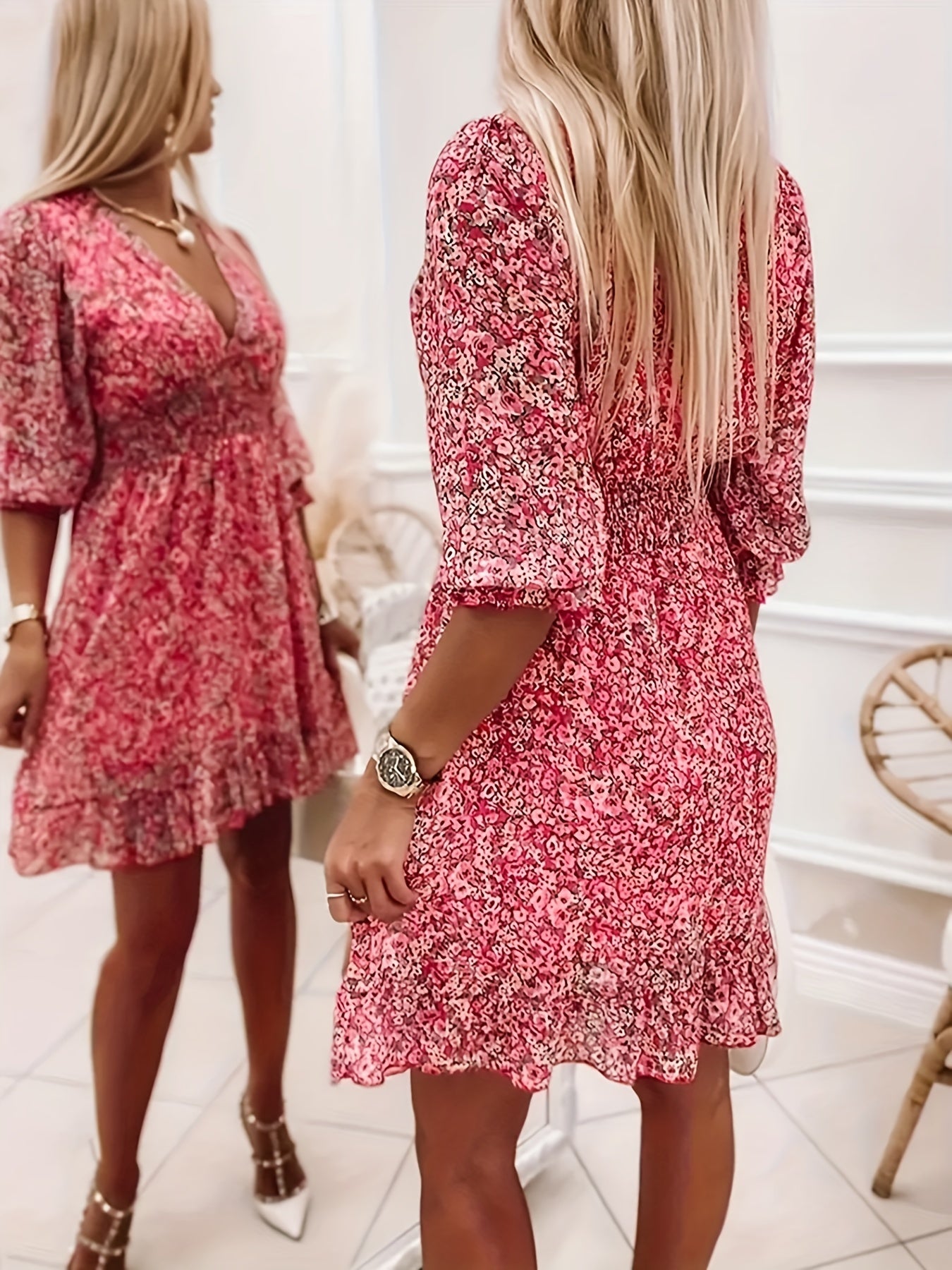 Floral V-Neck Dress with Ruffled Sleeves - Elegant A-Line Swing Dress