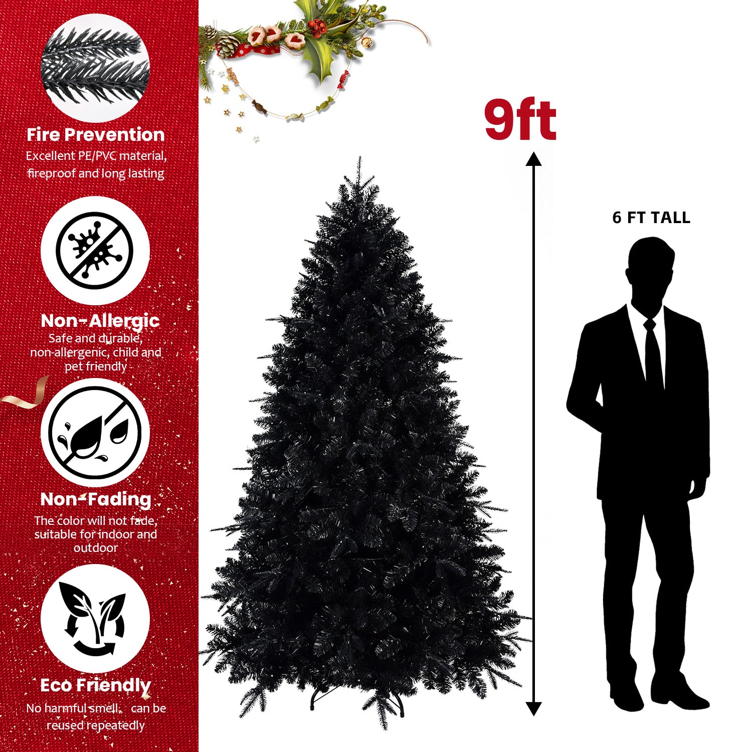 Pre-Lit Black Christmas Tree with White LED Lights - Halloween & Holiday Decor