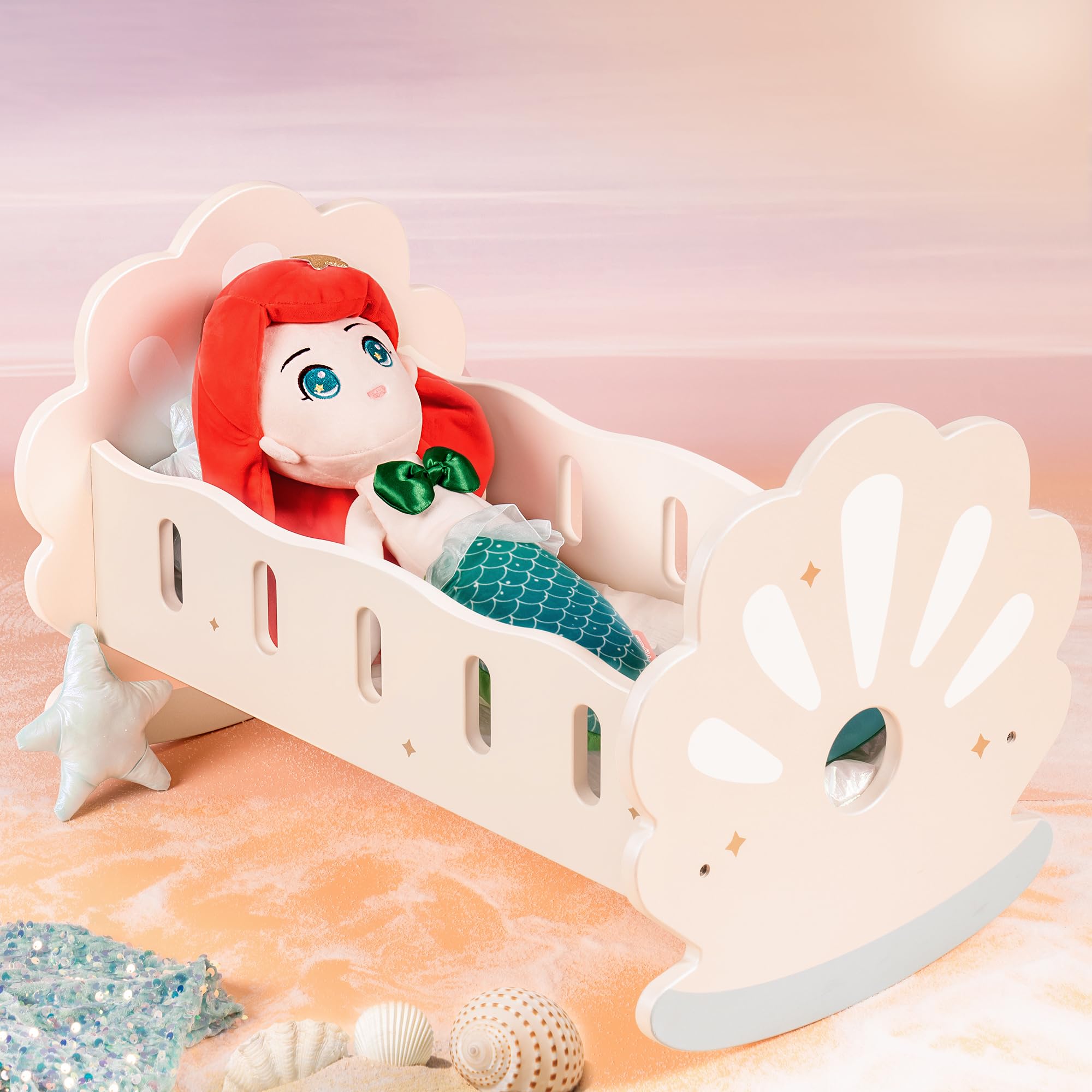 Wooden Doll Rocking Cradle with Bedding for 18" Dolls - Seashell