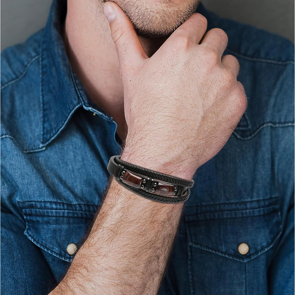 Natural Tiger Eye Stone & Leather Braided Healing Bracelet