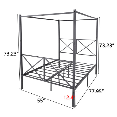 Full Size Metal Canopy Bed Frame - Black Platform Bed with Storage