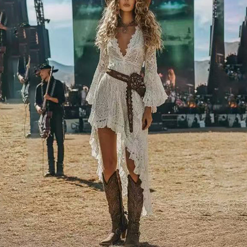 Bohemian Lace-Hemmed Maxi Dress - Deep V-Neck Long Sleeve Dress