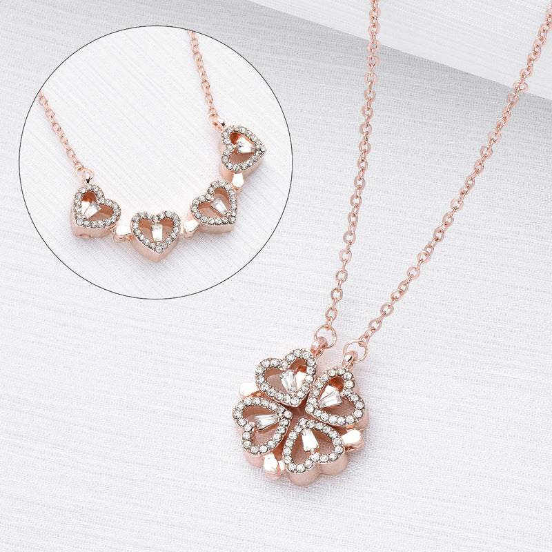 Retro Magnetic Folding Heart Shaped Four Leaf Clover Pendant Necklace Set