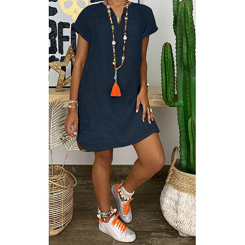 Women's V-Neck Boho Sundress - Short Sleeve Casual Summer Dress