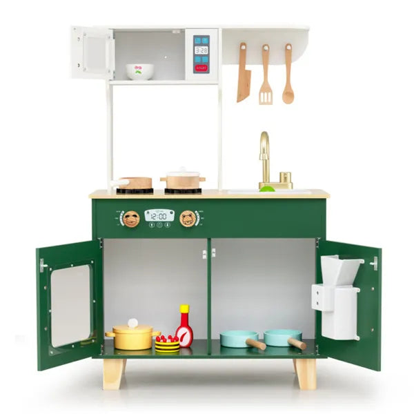 Kids Play Kitchen Set with Realistic Faucet & Ice Dispenser - Green Pretend Cooking Playset