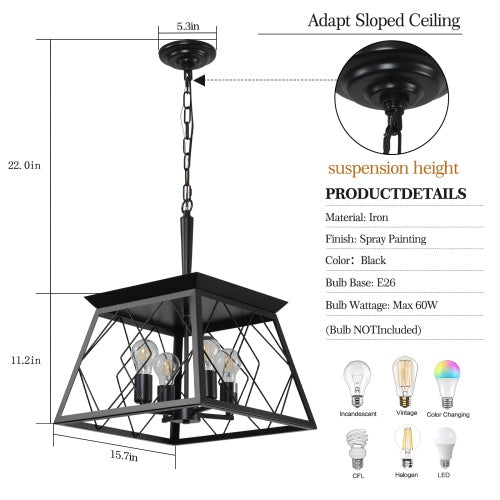 Black Farmhouse Chandelier - 4-Light Vintage Pendant for Dining Room