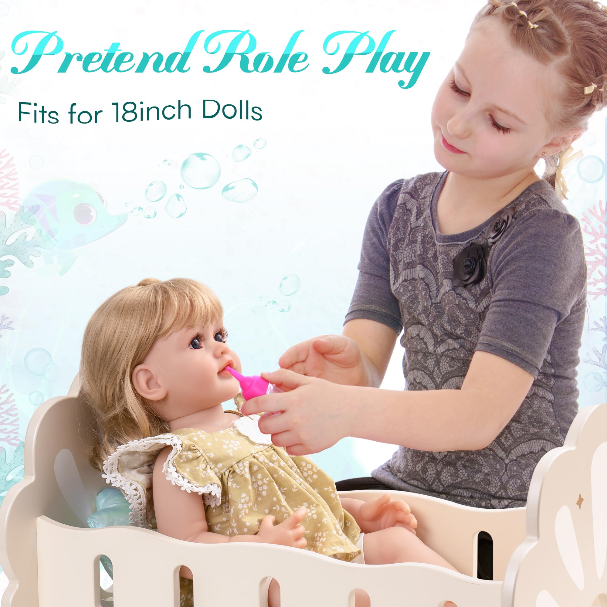 Wooden Doll Rocking Cradle with Bedding for 18" Dolls - Seashell