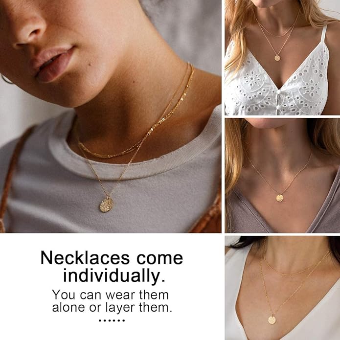 3-Piece 14K Gold Plated Layered Necklace Set – Hammered Disc, Pearl Bead & Bar