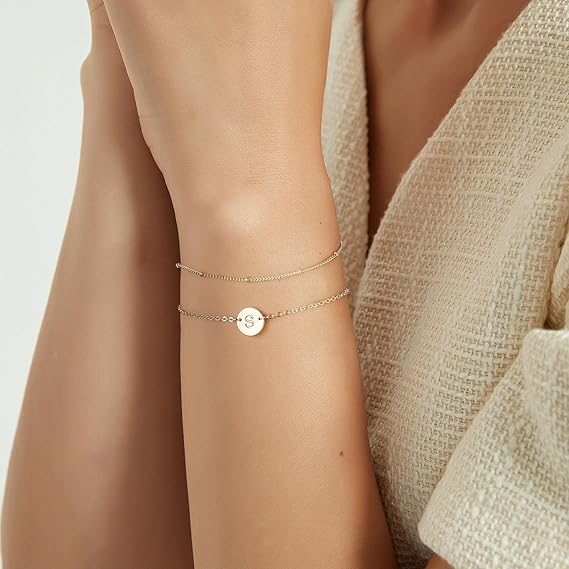 Dainty 14K Gold Plated Layered Pearl Bar & Chain Bracelet