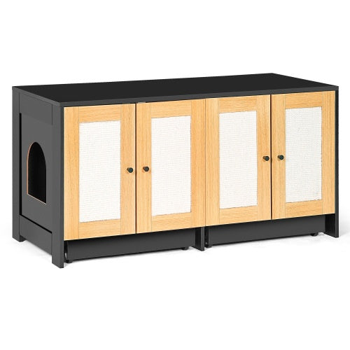 Double Cat Litter Box Furniture - Hidden Enclosure for 2 Cats with Rattan Doors