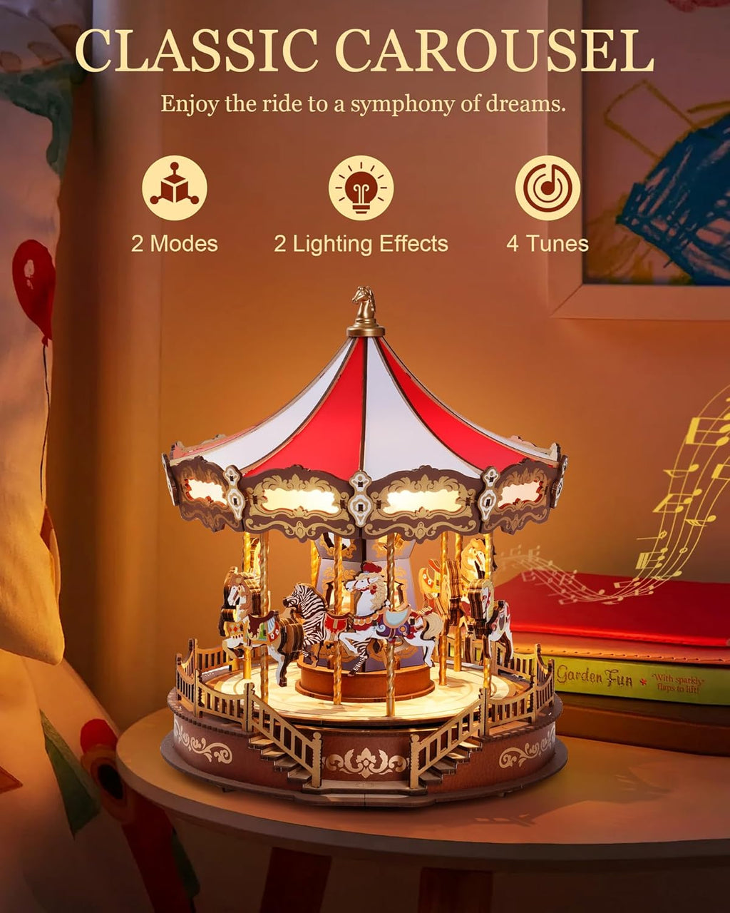 Robotime Classic Carousel Music Box 3D Wooden Puzzle with LED Lights - Mechanical Model Kit