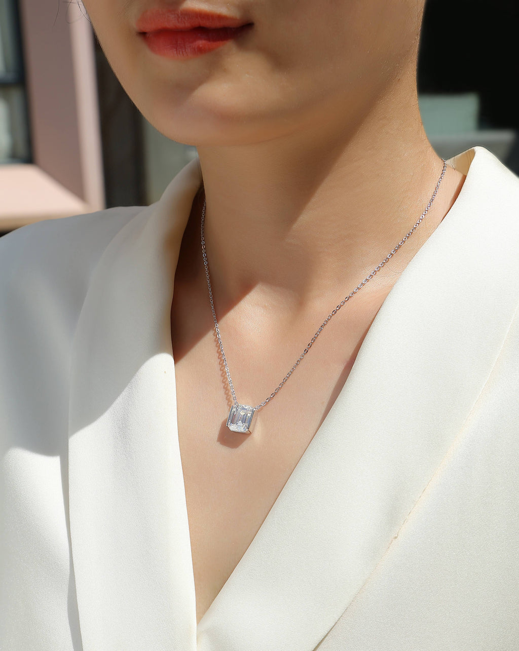 Octagonal Moissanite Platinum-Plated S925 Sterling Silver Pendant Necklace