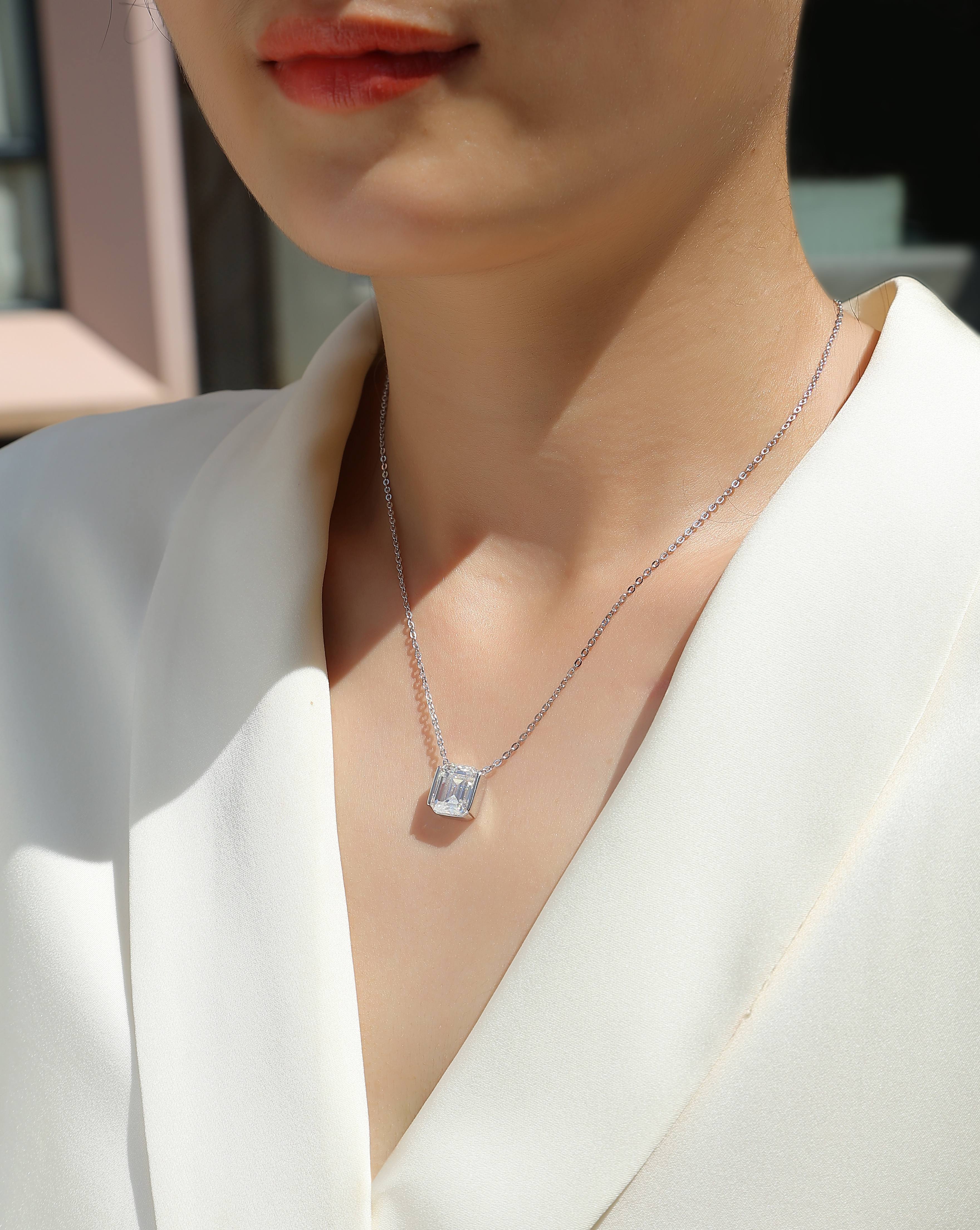 Octagonal Moissanite Platinum-Plated S925 Sterling Silver Pendant Necklace
