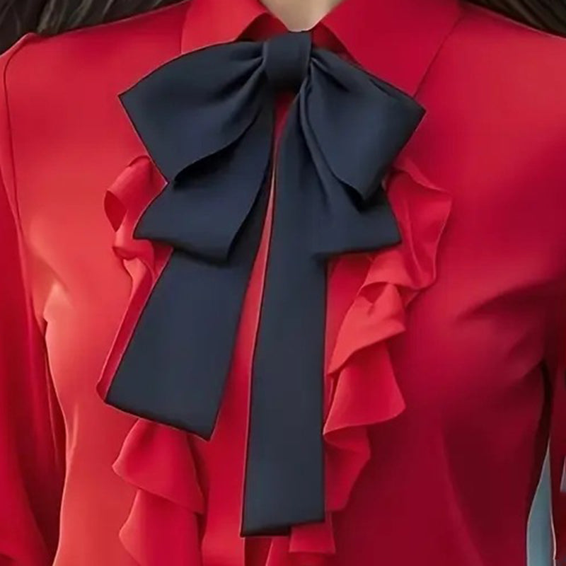 Women's Ruffle Trim Blouse with Bow Tie - Long Sleeve Office Shirt