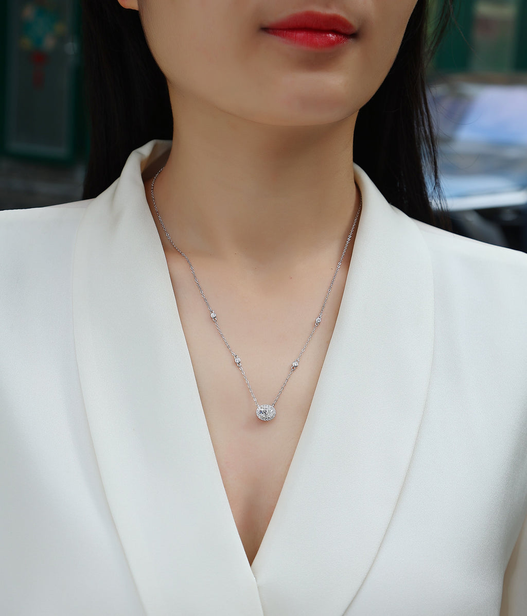 Oval Moissanite Necklace - S925 Sterling Silver Platinum-Plated with Chain