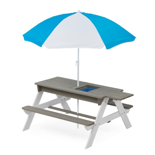 3-in-1 Kids Wooden Picnic Table with Umbrella - Sand & Water Play