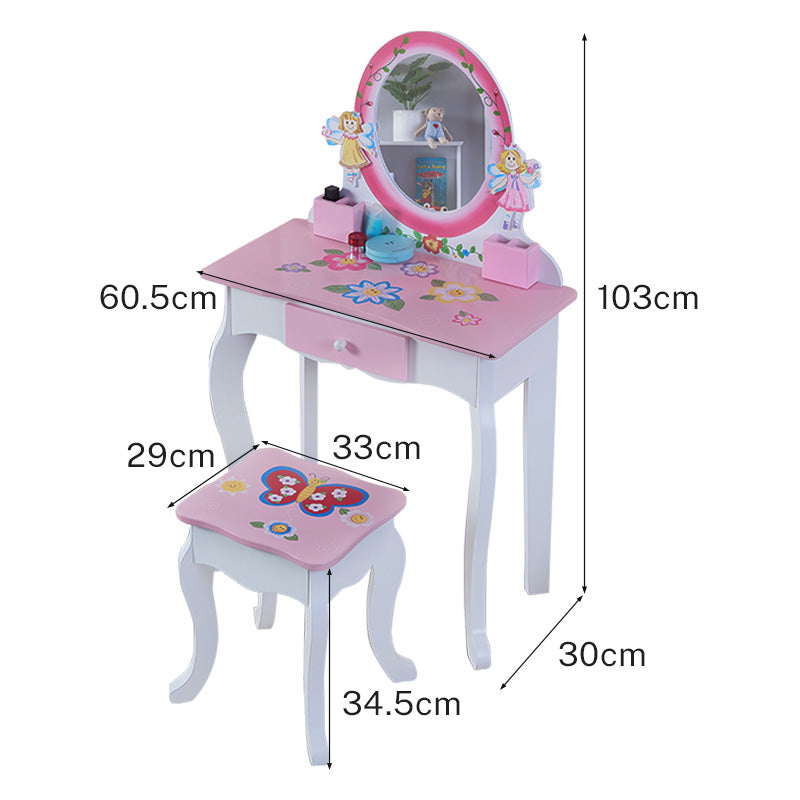 Kids Wooden Vanity Table with Mirror and Stool - Pink