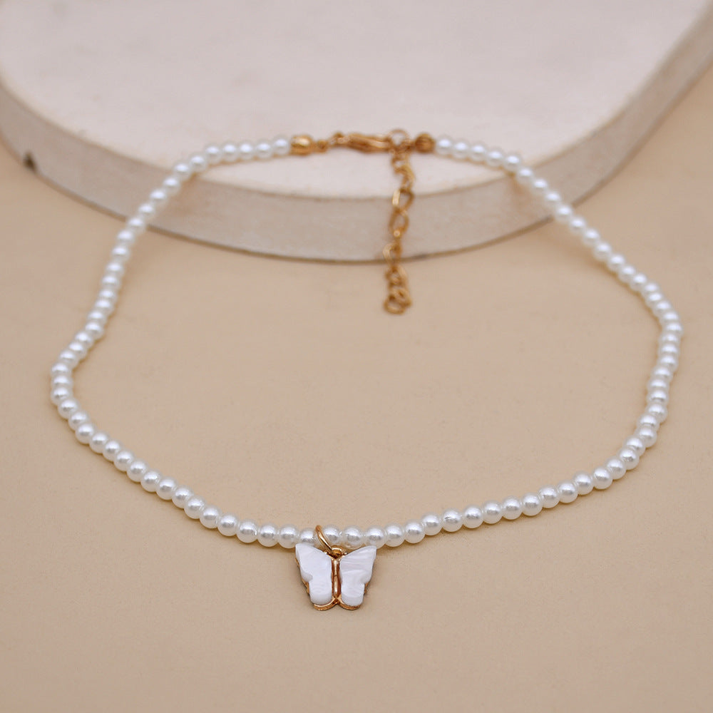 Elegant White Pearl with Butterfly Choker Necklace